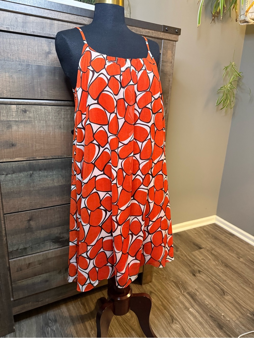 SDI Abstract Geometric Pebble Print Sun Dress Orange White Medium M Mod Resort